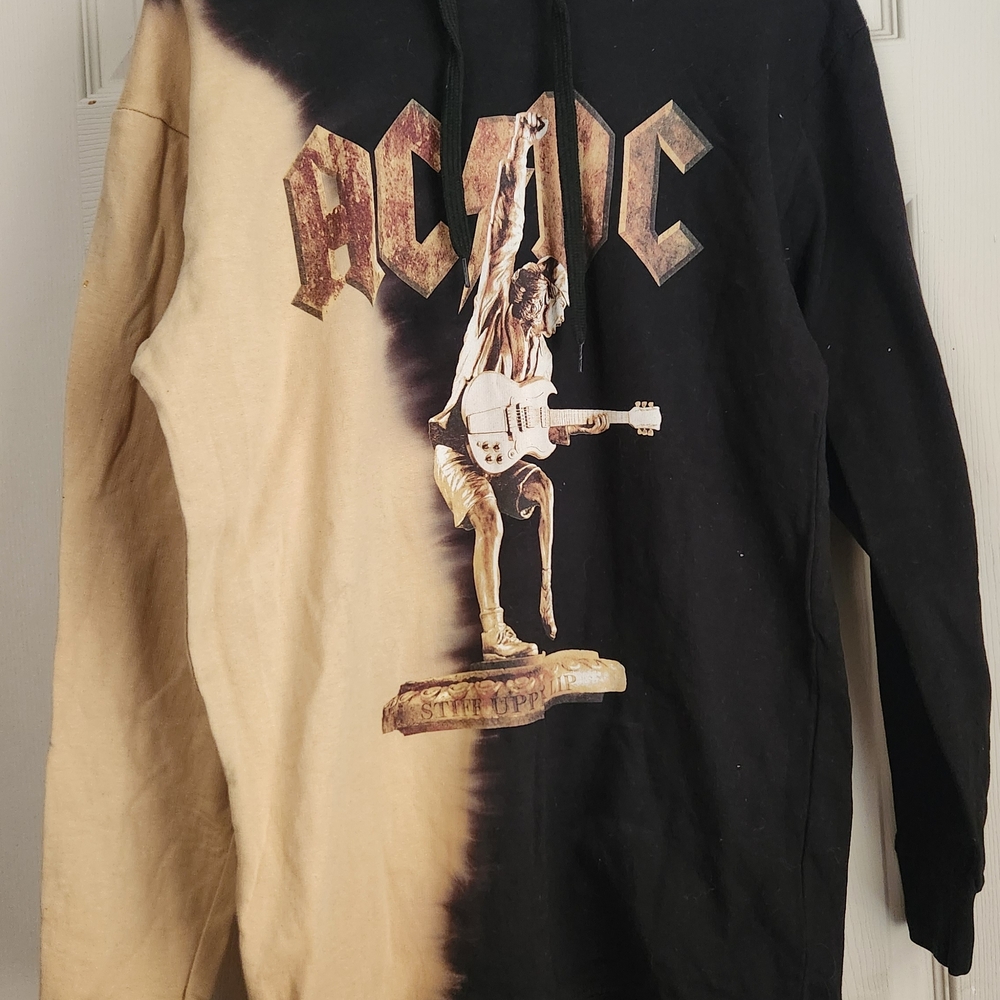 AC/DC Bleach Dip Dye Hooded Sweatshirt M Black Tan Angus Young Band Hoodie